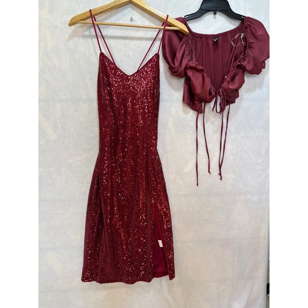 Shein Sequin Dress & Top Set‎ Red XS Mini Party Cocktail Club Open Back
